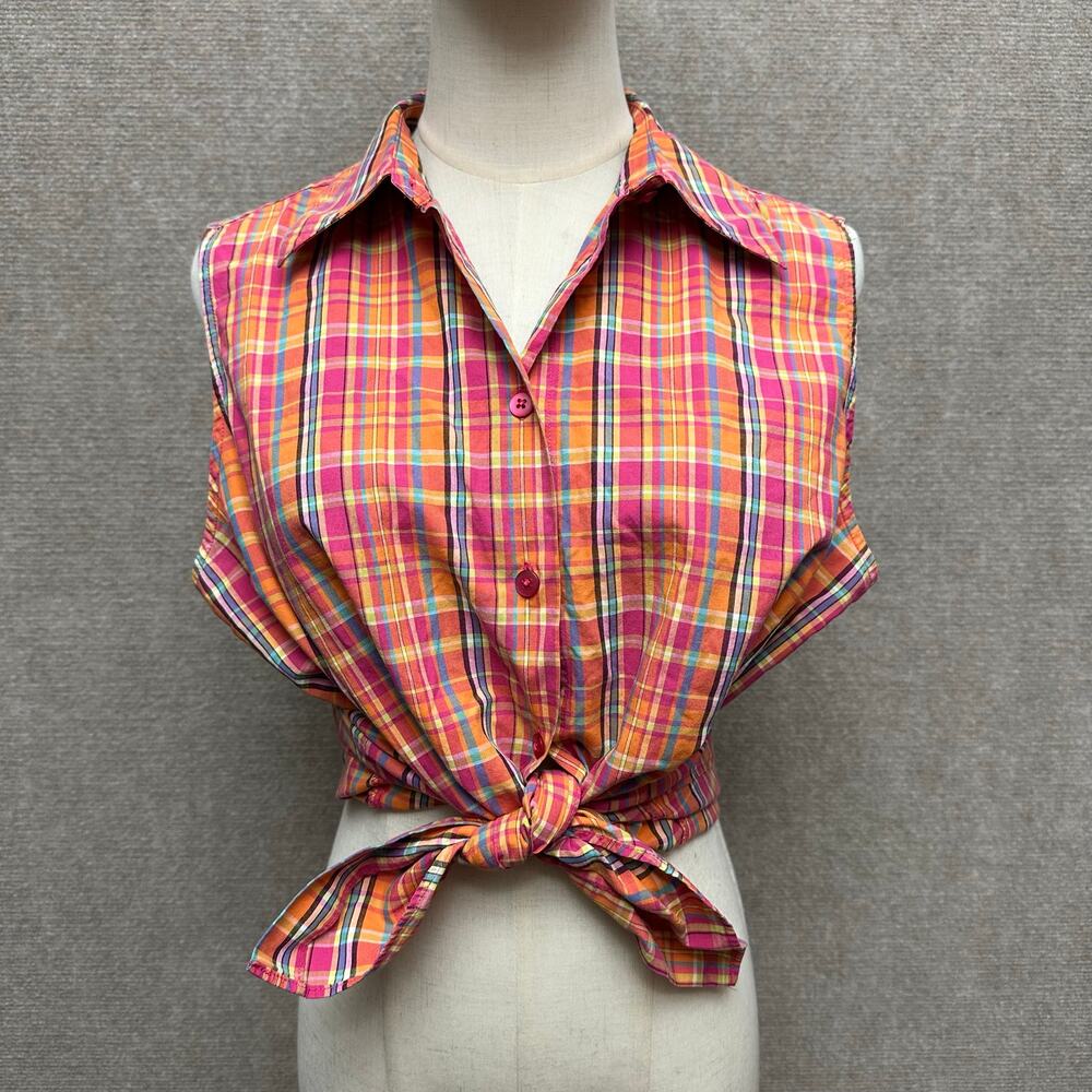Charter Club Tartan Plaid Sleeveless Collared Blouse Pink Orange Blue 12 L VTG